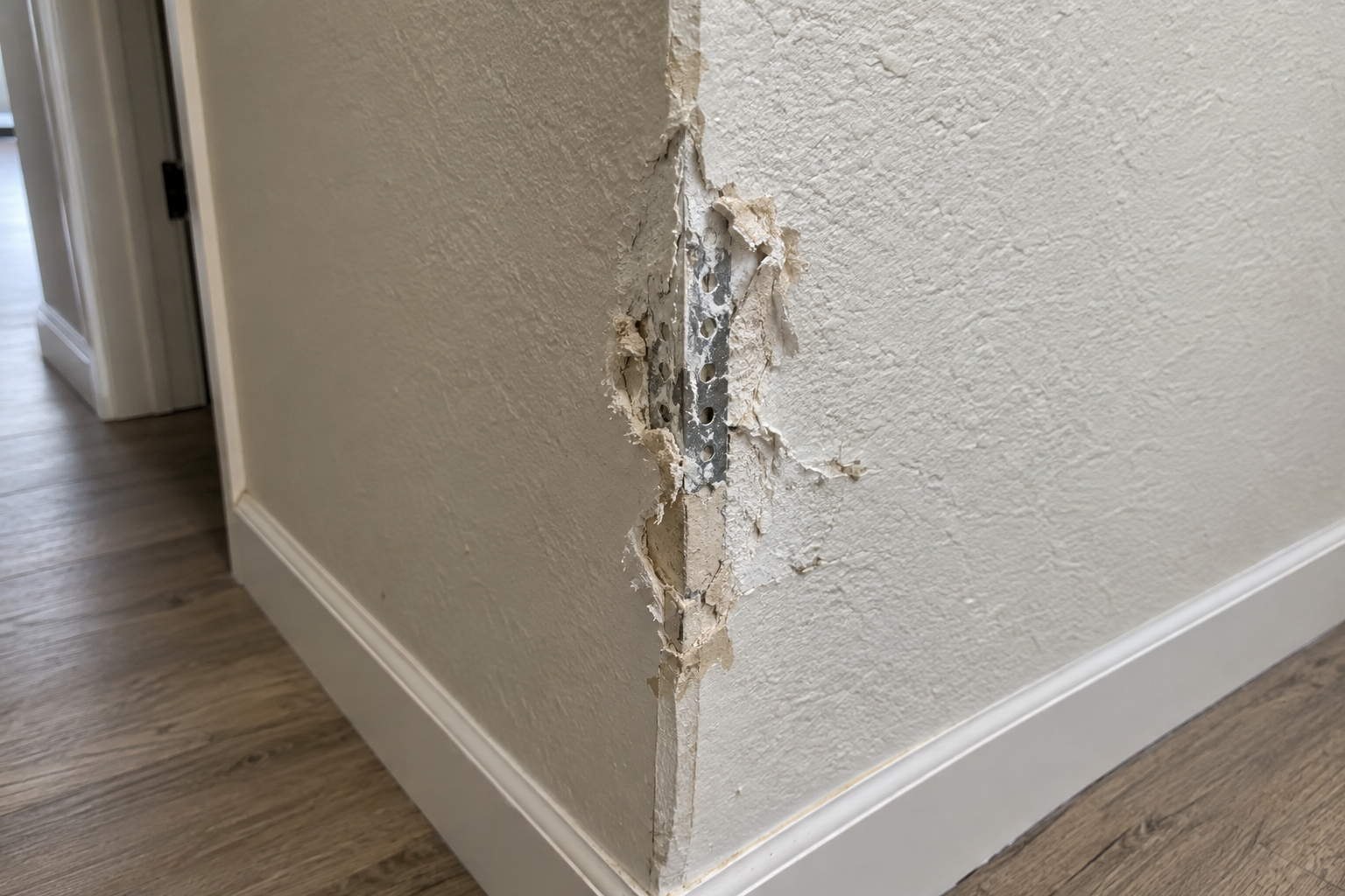 Chewed outside drywall corner with exposed metal corner bead just above a hallway baseboard in Riverside, CA